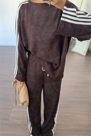 Biyeli Bisiklet Yaka Sweat Pantolon Takım-Kahve