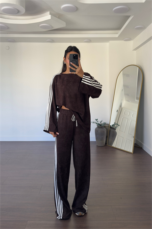 Biyeli Bisiklet Yaka Sweat Pantolon Takım-Kahve