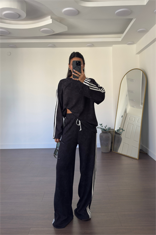 Biyeli Bisiklet Yaka Sweat Pantolon Takım-Siyah