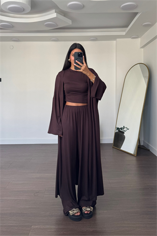 Bluz Pantolon Kimono Takım-Kahve