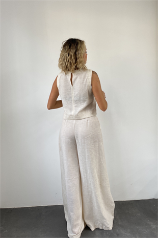 Bluz Yırtmaç Detaylı Krem Pantolon Keten Takım