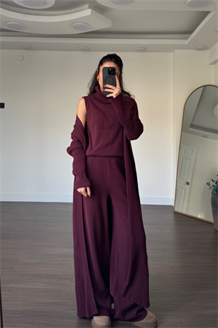 Boğazlı Hırkalı 3lü Triko Takım-Bordo