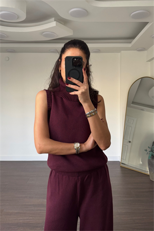 Boğazlı Hırkalı 3lü Triko Takım-Bordo