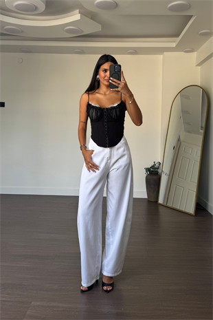 Bol Kesim Tensel Pantolon-Beyaz