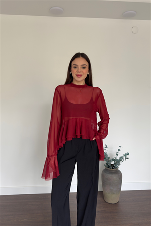 Bordo Fırfır Detaylı Tül Bluz