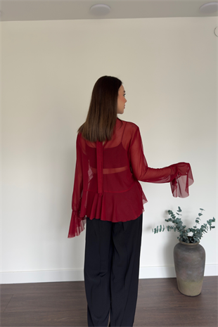 Bordo Fırfır Detaylı Tül Bluz