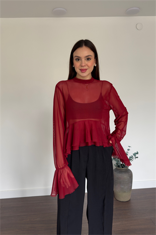 Bordo Fırfır Detaylı Tül Bluz