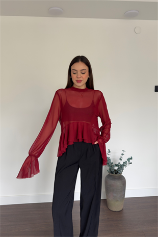Bordo Fırfır Detaylı Tül Bluz