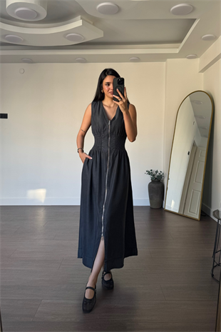 Boydan Fermuarlı Bel Lastikli Jean Elbise-Antrasit