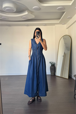 Boydan Fermuarlı Bel Lastikli Jean Elbise-Koyu Mavi