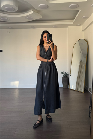 Boydan Fermuarlı Bel Lastikli Jean Elbise-Antrasit