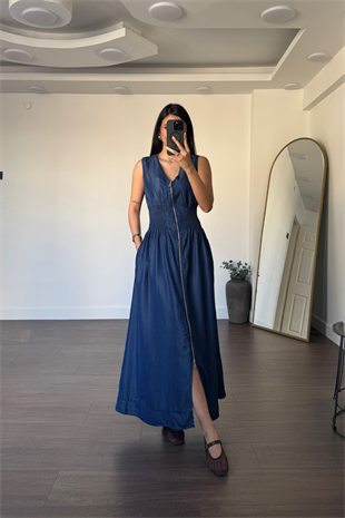 Boydan Fermuarlı Bel Lastikli Jean Elbise-Koyu Mavi