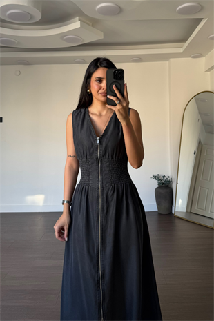 Boydan Fermuarlı Bel Lastikli Jean Elbise-Antrasit