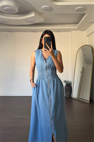 Boydan Fermuarlı Bel Lastikli Jean Elbise-Açık Mavi