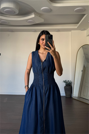 Boydan Fermuarlı Bel Lastikli Jean Elbise-Koyu Mavi