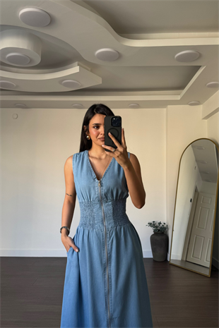 Boydan Fermuarlı Bel Lastikli Jean Elbise-Açık Mavi