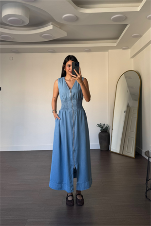 Boydan Fermuarlı Bel Lastikli Jean Elbise-Açık Mavi