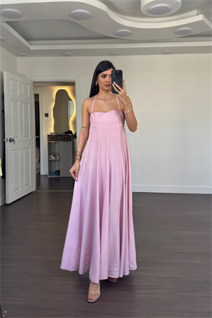 Boyundan Bağlamalı Straplez  Elbise-Pembe