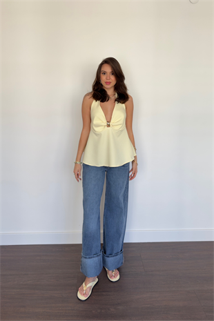 Boyundan Geçirmeli Sırt Dekolteli Bluz-Sarı