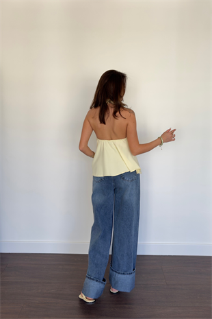 Boyundan Geçirmeli Sırt Dekolteli Bluz-Sarı