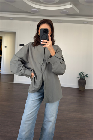 Büyük Yaka Oversize Gömlek-Haki