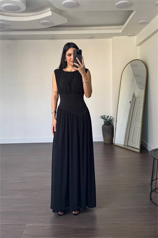 Büzgü Detaylı Sıfır Kol Elbise-Siyah