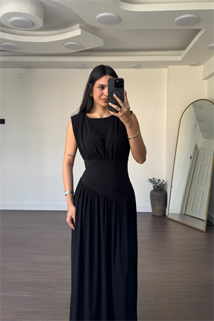 Büzgü Detaylı Sıfır Kol Elbise-Siyah
