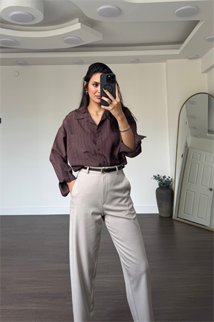 Cep Detaylı Çizgili Gömlek-Kahve