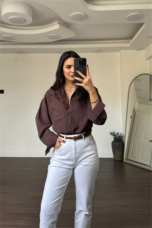 Cep Detaylı Çizgili Gömlek-Kahve