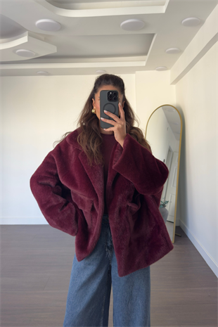 Cep Detaylı Peluş Ceket-Bordo