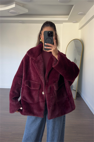 Cep Detaylı Peluş Ceket-Bordo