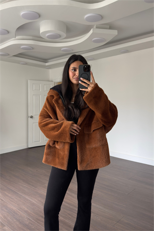 Cep Detaylı Peluş Ceket-Camel