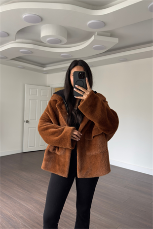 Cep Detaylı Peluş Ceket-Camel