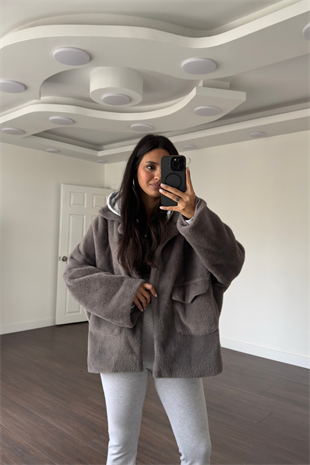 Cep Detaylı Peluş Ceket-Gri