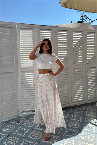 Çiçekli Saten Etek-Beyaz
