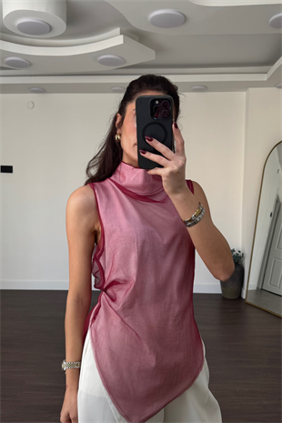 Çift Katmanlı Dik Yaka Asimetrik Bluz-Bordo Beyaz