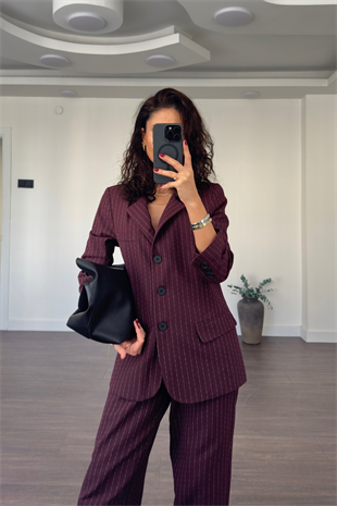 Çizgi Desenli Pantolon Takım-Bordo