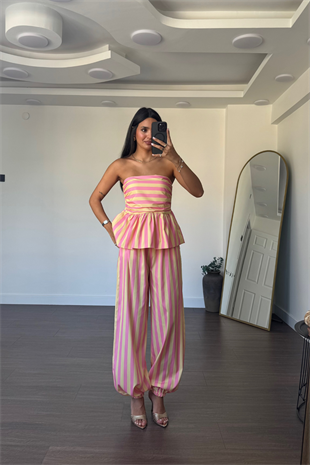 Çizgi Desenli Straplez Takım-Pembe