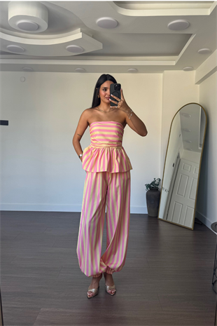 Çizgi Desenli Straplez Takım-Pembe