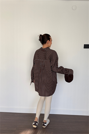 Çizgii Desenli Oversize Gömlek-Kahve