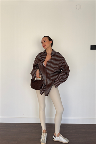 Çizgii Desenli Oversize Gömlek-Kahve