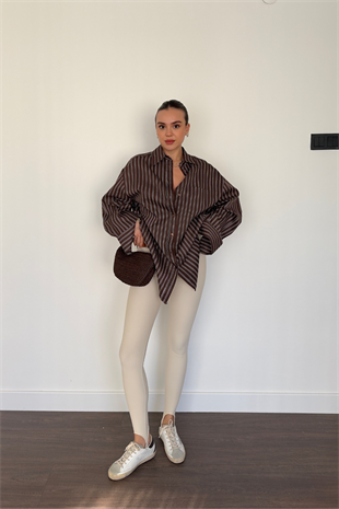 Çizgii Desenli Oversize Gömlek-Kahve