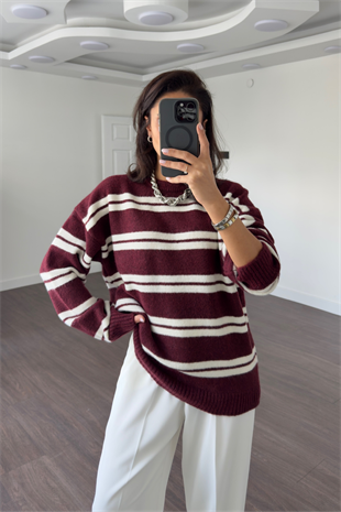 Çizgili Oversize Yumuşak Dokulu Kazak-Bordo