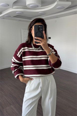 Çizgili Oversize Yumuşak Dokulu Kazak-Bordo