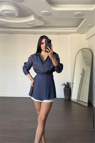 Çizgili Tasarım Gömlek-Lacivert