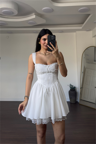 Dantel Detaylı Elbise-Beyaz