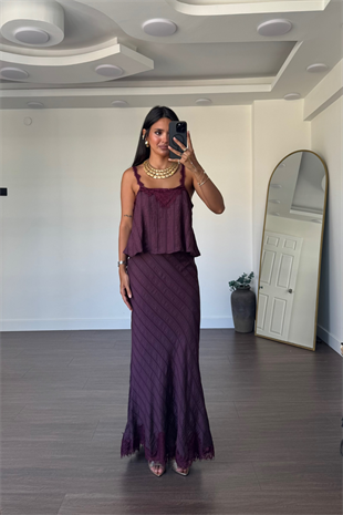 Dantel Detaylı Etek Bluz Takım-Bordo