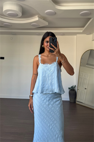 Dantel Detaylı Etek Bluz Takım-Mavi