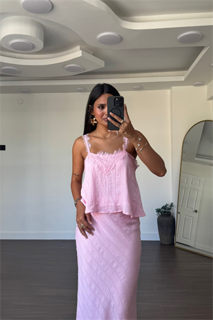 Dantel Detaylı Etek Bluz Takım-Pembe