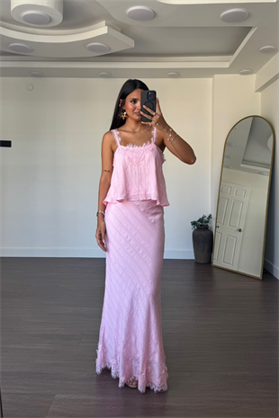 Dantel Detaylı Etek Bluz Takım-Pembe